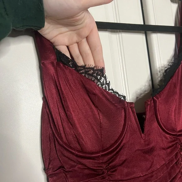 ASTR Wine Satin Corset Midi Dress with Lace Bust - Picture 6 of 15